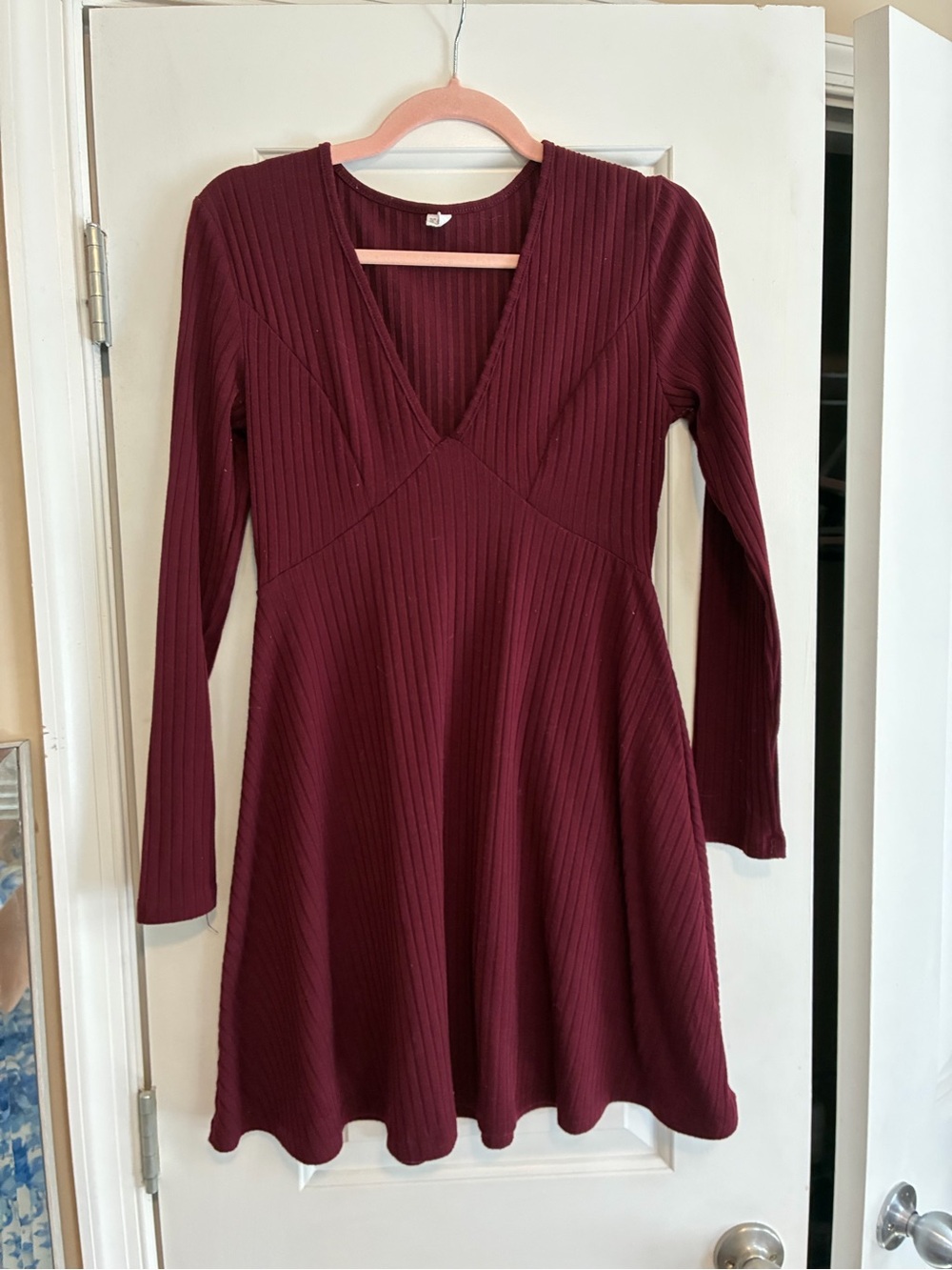 Long-Sleeve V-Neck Ribbed Fit-and-Flare Dress in Wine